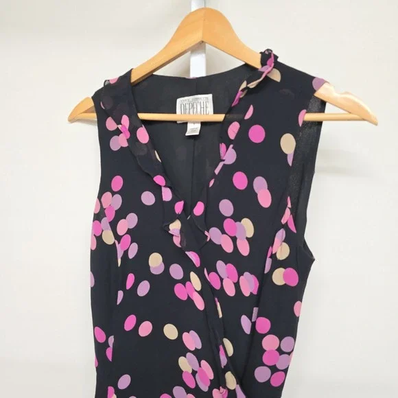 Vintage‎ DEPECHE MODE Yves Cossette Black Pink Polka Dot Silk Wrap Dress Size 6 - Picture 2 of 9